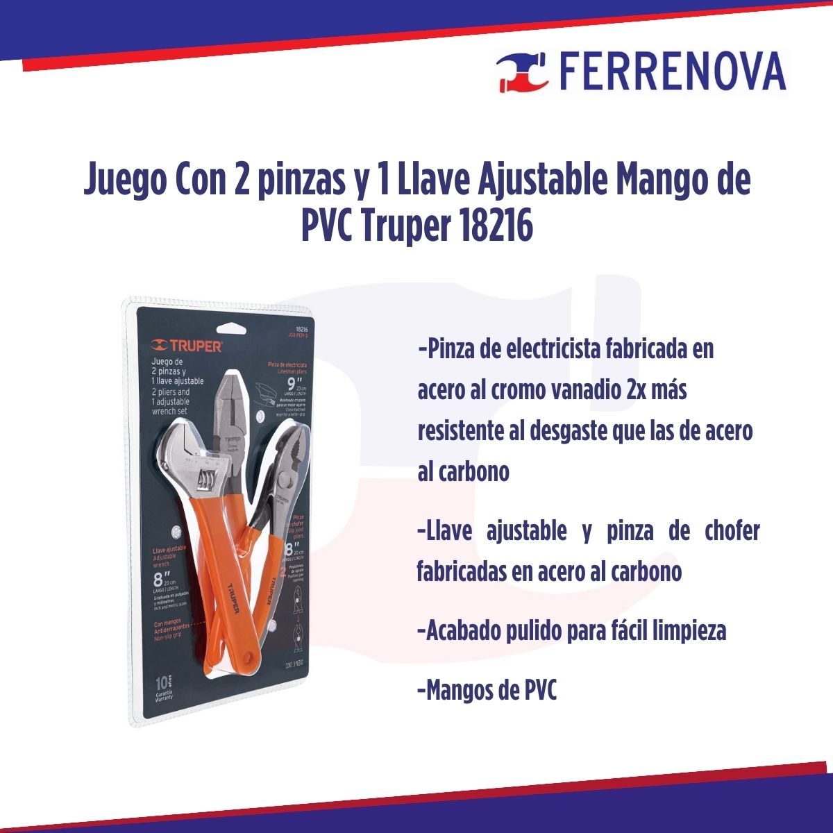 Juego Con 2 Pinzas Y 1 Llave Ajustable Mango De PVC Truper 18216