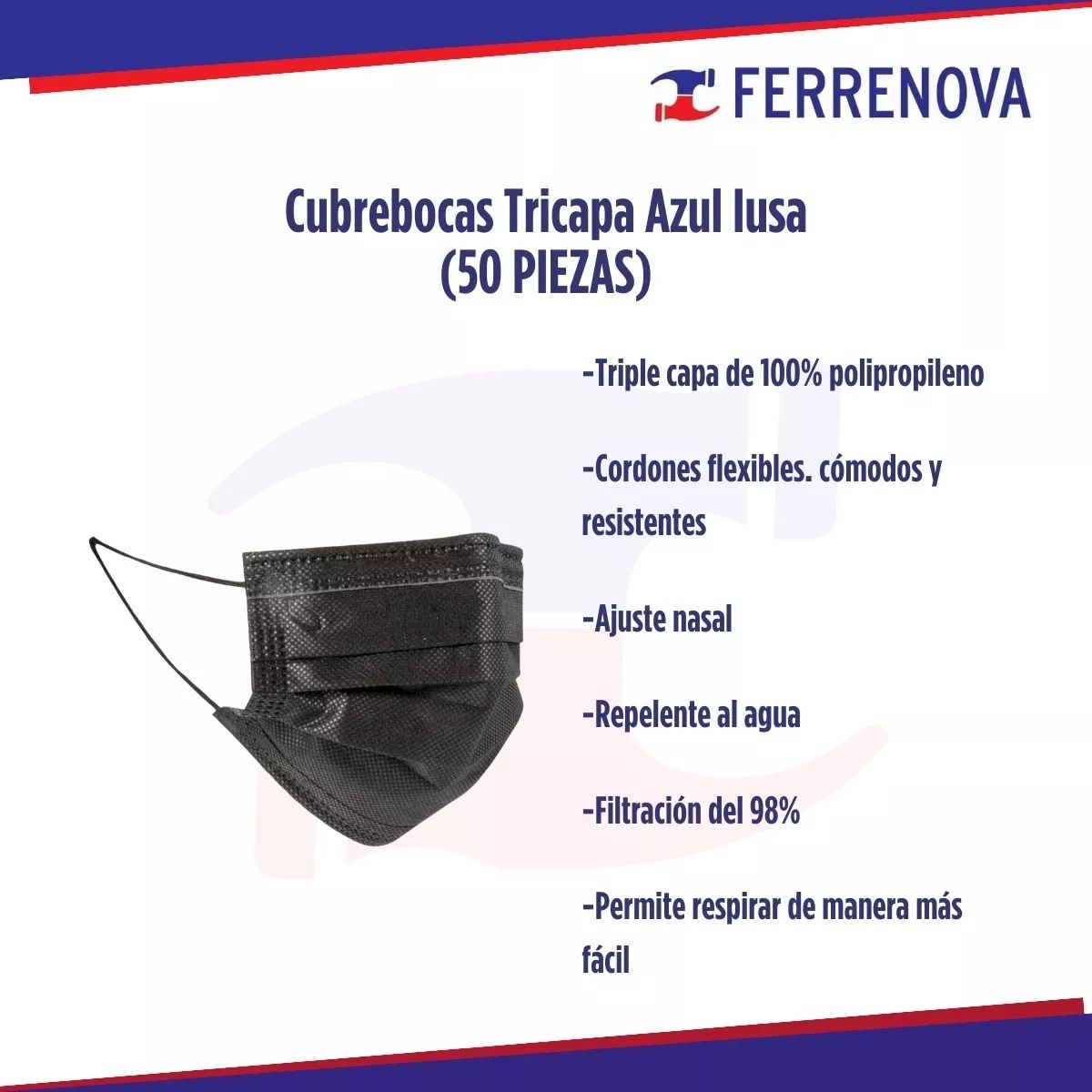 Cubrebocas Tricapa Azul Iusa Caja De 50 Piezas