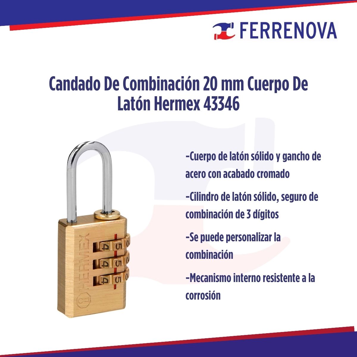 Candado De Combinación 20 mm Cuerpo De Latón Hermex 43346