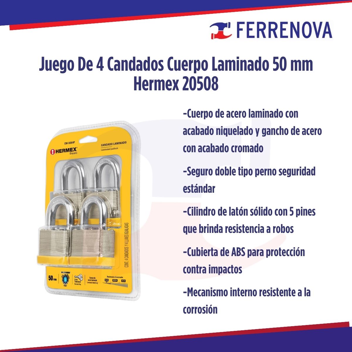 Juego De 4 Candados Cuerpo Laminado 50 mm Hermex 20508