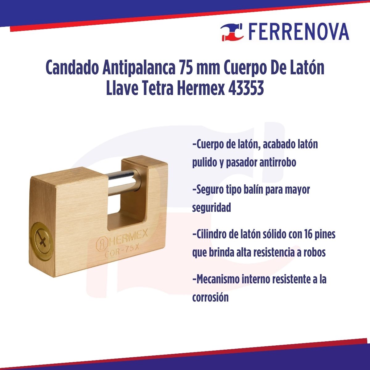 Candado Antipalanca 75 mm Cuerpo De Latón Llave Tetra Hermex 43353